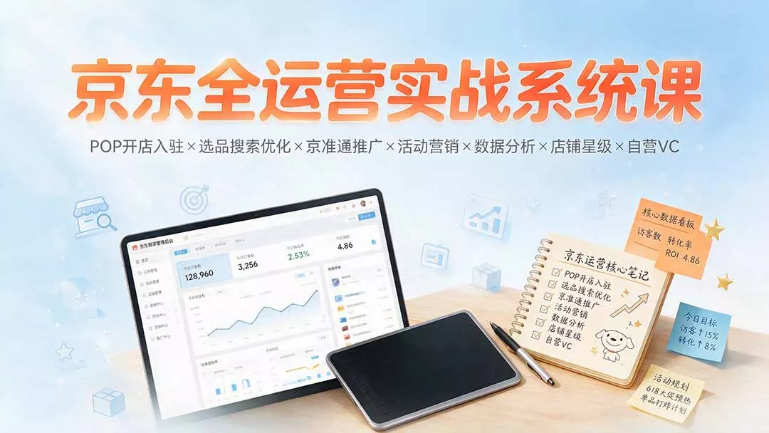 京东全运营实战系统课：POP开店入驻×选品搜索优化×京准通推广×活动营销×数据分析×店铺星级×自营VC-奇点库