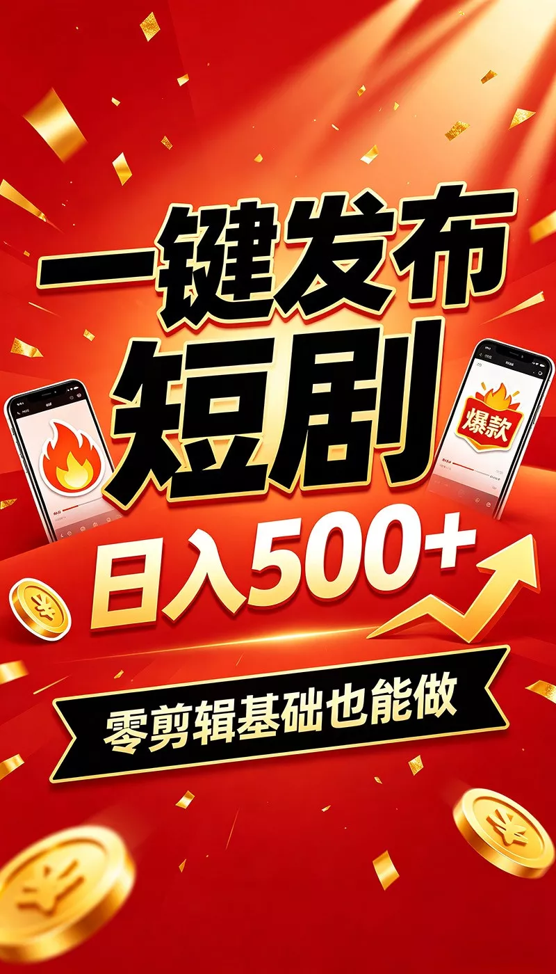 快手短剧一键发布,不用剪辑操作简单,副业日入500+。空闲时间轻松赚收益-奇点库