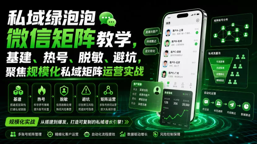 私域绿泡泡微信矩阵教学，基建、热号、脱敏、避坑，聚焦规模化私域矩阵运营实战-奇点库