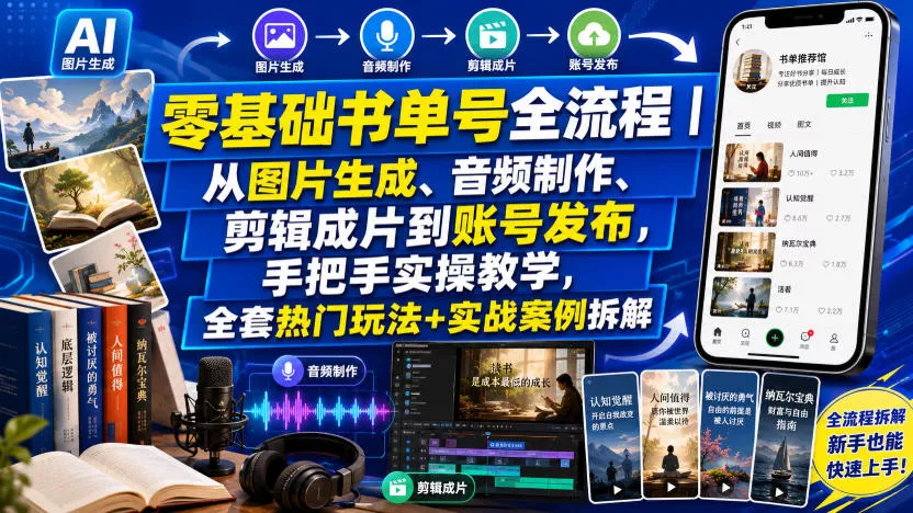 零基础书单号全流程｜从图片生成、音频制作、剪辑成片到账号发布，手把手实操教学，全套热门玩法+实战案例拆解-奇点库