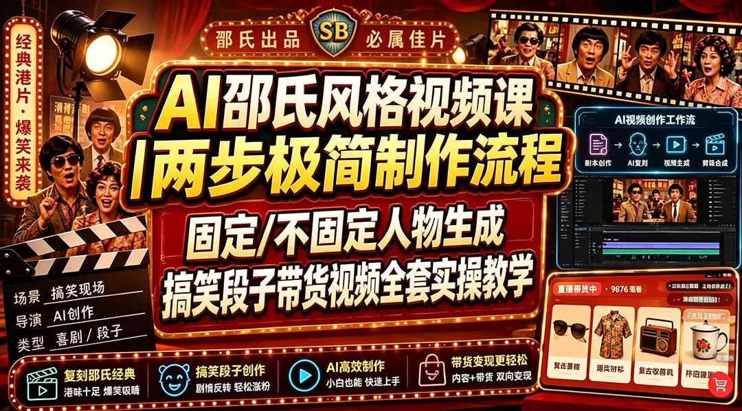 AI邵氏风格视频课｜两步极简制作流程，固定/不固定人物生成，搞笑段子带货视频全套实操教学-奇点库