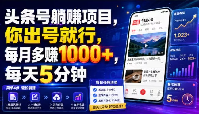 头条号躺賺项目，你出号就行，每月多賺1000+，每天5分钟，坐等分米【揭秘】-奇点库