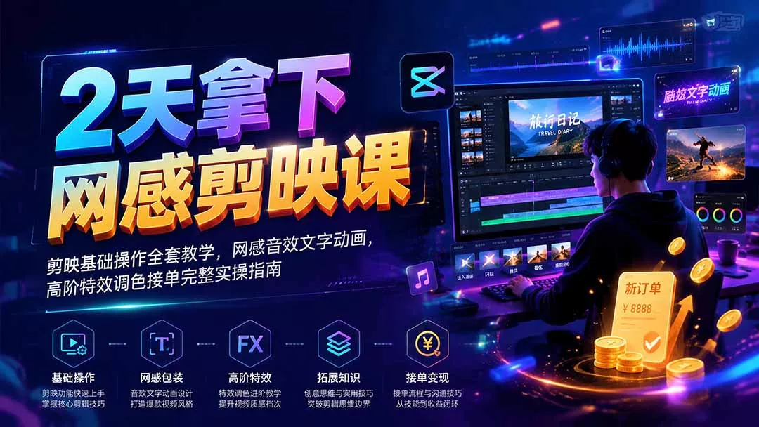 2天拿下网感剪辑课｜剪映基础操作全套教学，网感音效文字动画，高阶特效调色接单完整实操指南-奇点库