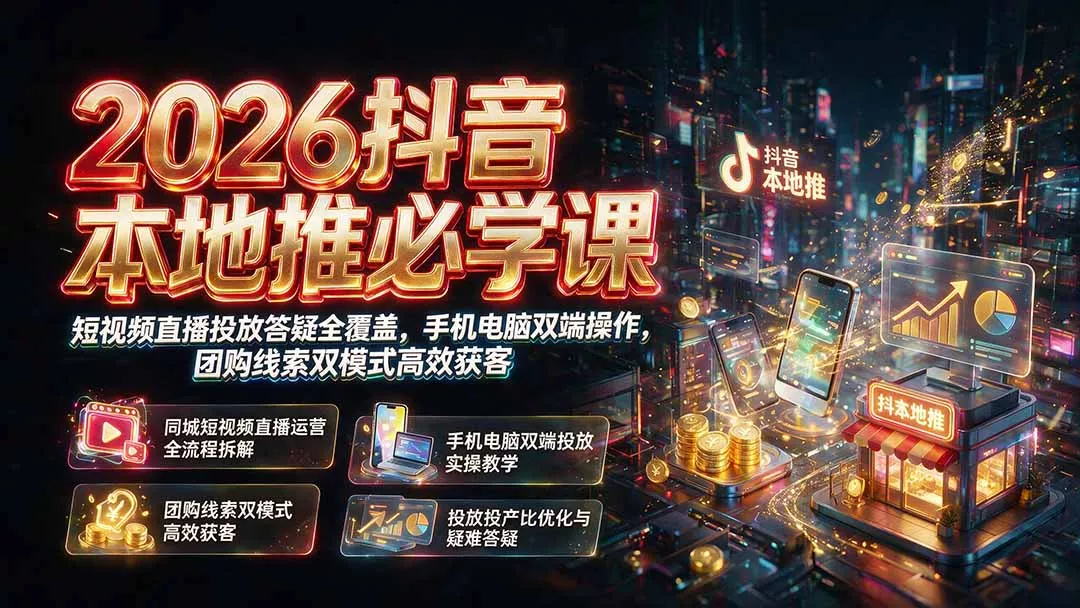 2026抖音本地推必学课｜短视频直播投放答疑全覆盖，手机电脑双端操作，团购线索双模式高效获客-奇点库