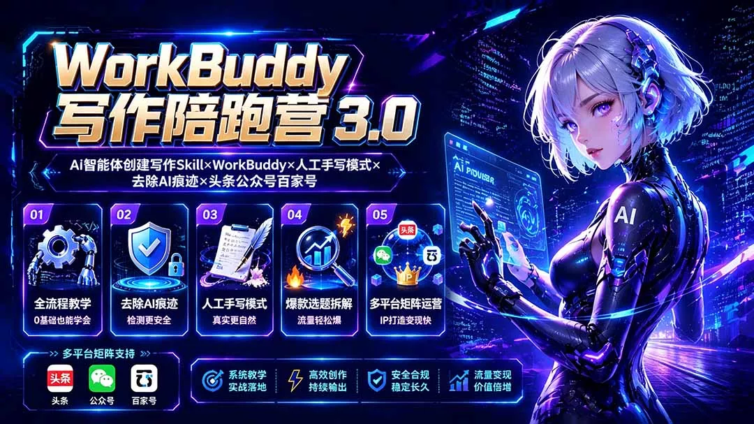 WorkBuddy写作陪跑营3.0-更新：Ai智能体创建写作Skill×WorkBuddy×人工手写模式×去除AI痕迹×头条公众号百家号-奇点库