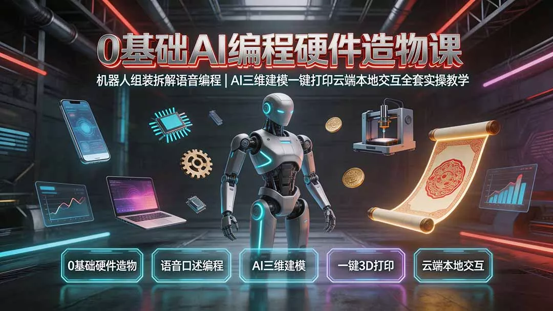 0基础AI编程硬件造物课｜机器人组装拆解语音编程，AI三维建模一键打印云端本地交互全套实操教学-奇点库