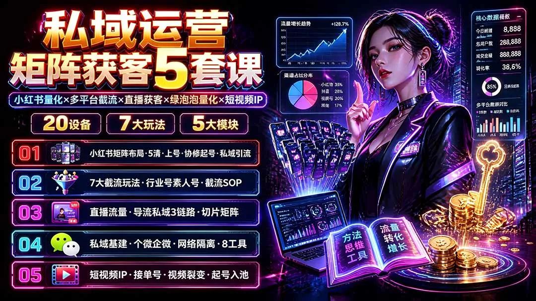 私域运营矩阵获客5套课：小红书量化×多平台截流×直播获客×绿泡泡量化×短视频IP×20设备×7大玩法-奇点库
