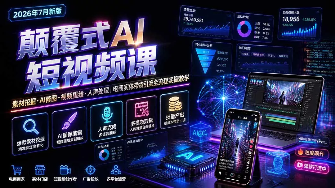 颠覆式AI短视频课｜素材挖掘，AI修图，视频重绘，人声处理｜电商实体带货引流全流程实操教学-奇点库
