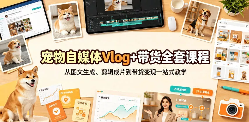 宠物自媒体Vlog+带货全套课程|从图文生成、剪辑成片到带货变现一站式教学