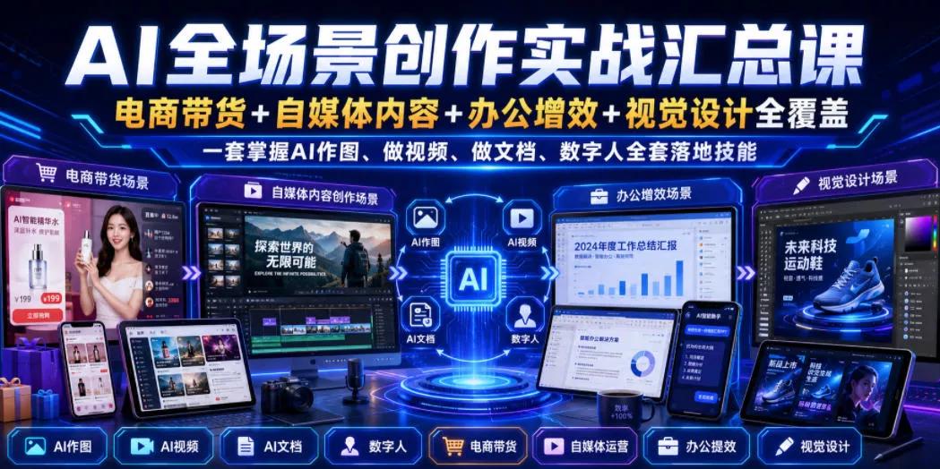 AI全场景创作实战汇总课｜电商带货+自媒体内容+办公增效+视觉设计全覆盖，一套掌握AI作图、做视频、做文档、数字人全套落地技能-奇点库