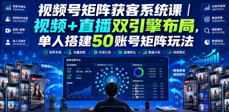 视频号矩阵获客系统课｜视频+直播双引擎布局，单人搭建50账号矩阵玩法，流量入池、搜索占位、全域引流沉淀私域全流程教学-奇点库