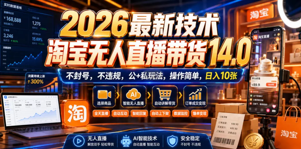 2026最新技术，淘宝无人直播带货14.0，不封号，不违规，公+私玩法，操作简单，日入10张【揭秘】-奇点库