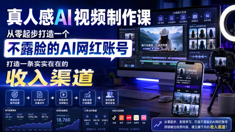 真人感AI视频制作课，从零起步打造一个不露脸的AI网红账号，打造一条实实在在的收入渠道【原创双语字幕】-奇点库