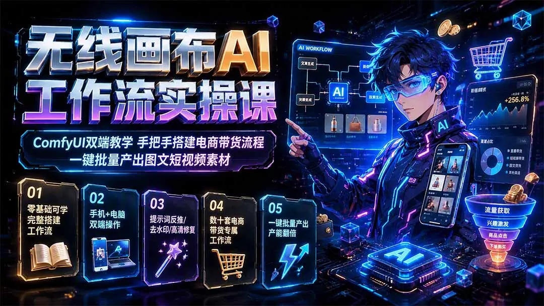 无线画布AI工作流实操课｜ComfyUI双端教学，手把手搭建电商带货流程，一键批量产出图文短视频素材-奇点库