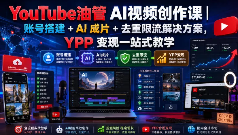 YouTube油管AI视频创作课｜账号搭建+AI成片+去重限流解决方案，YPP变现一站式教学-奇点库