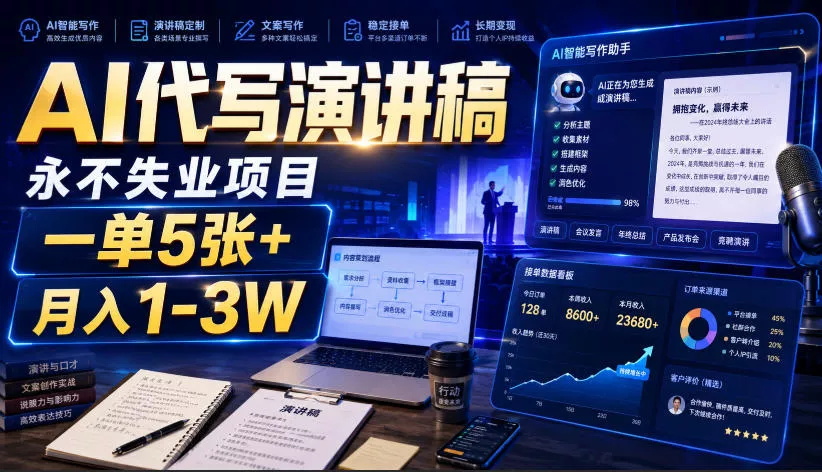 AI代写演讲稿，永不失业项目，一单5张+，月入1-3W【揭秘】-奇点库