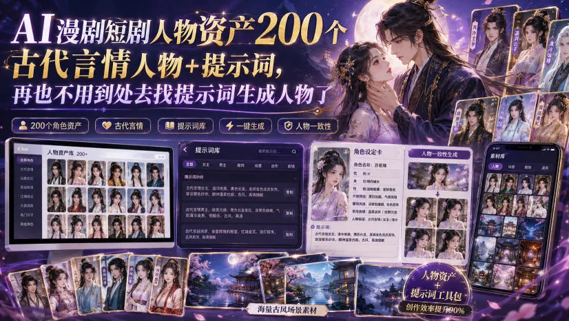 AI漫剧短剧人物资产200个古代言情人物+提示词，再也不用到处去找提示词生成人物了-奇点库
