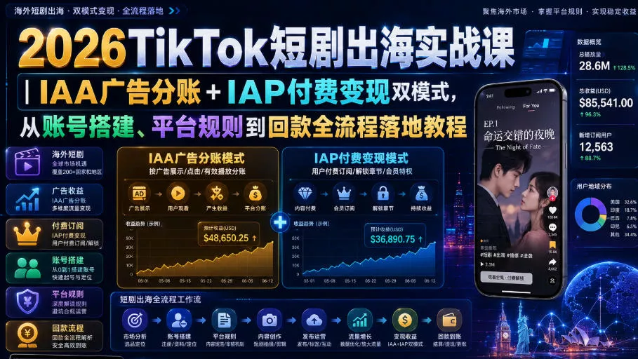 2026TikTok短剧出海实战课｜IAA广告分账+IAP付费变现双模式，从账号搭建、平台规则到回款全流程落地教程-奇点库