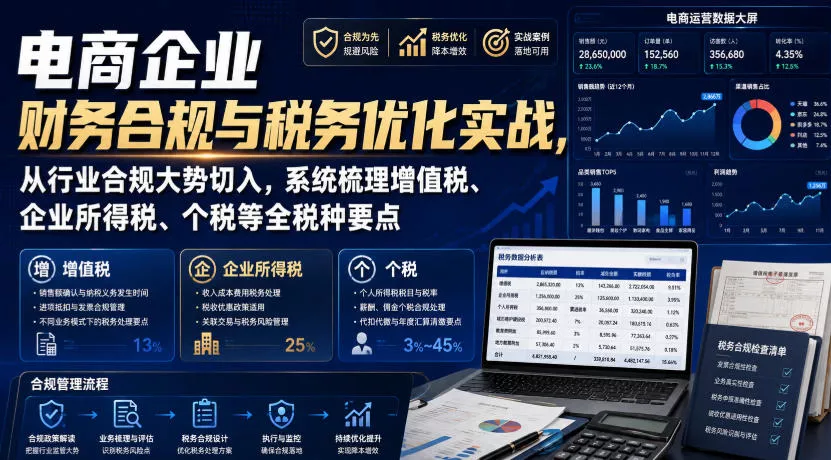 电商企业财务合规与税务优化实战，从行业合规大势切入，系统梳理增值税、企业所得税、个税等全税种要点-奇点库