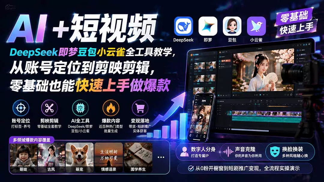 AI+短视频｜DeepSeek即梦豆包小云雀全工具教学，从账号定位到剪映剪辑，零基础也能快速上手做爆款-奇点库