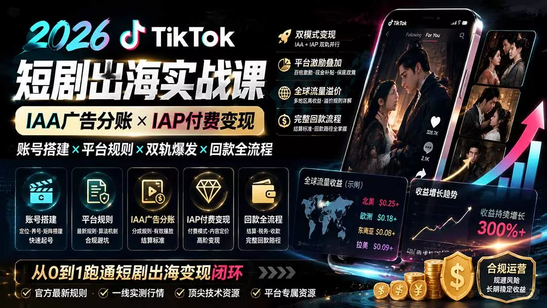 2026TikTok短剧出海实战课：IAA广告分账×IAP付费变现×账号搭建×平台规则×双轨爆发×回款全流程-奇点库