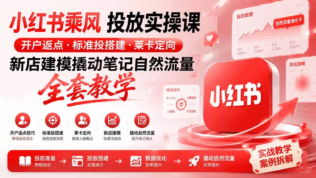 小红书乘风投放-100分钟实操课｜开户返点·标准投搭建·莱卡定向，新店建模撬动笔记自然流量全套教学-奇点库