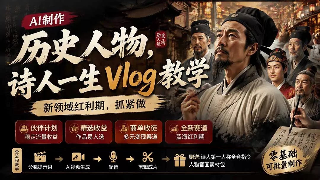 历史人物，诗人一生Vlog教学， AI制作丨伙伴计划丨精选收益丨商单收徒 ，新领域红利期，抓紧做-奇点库