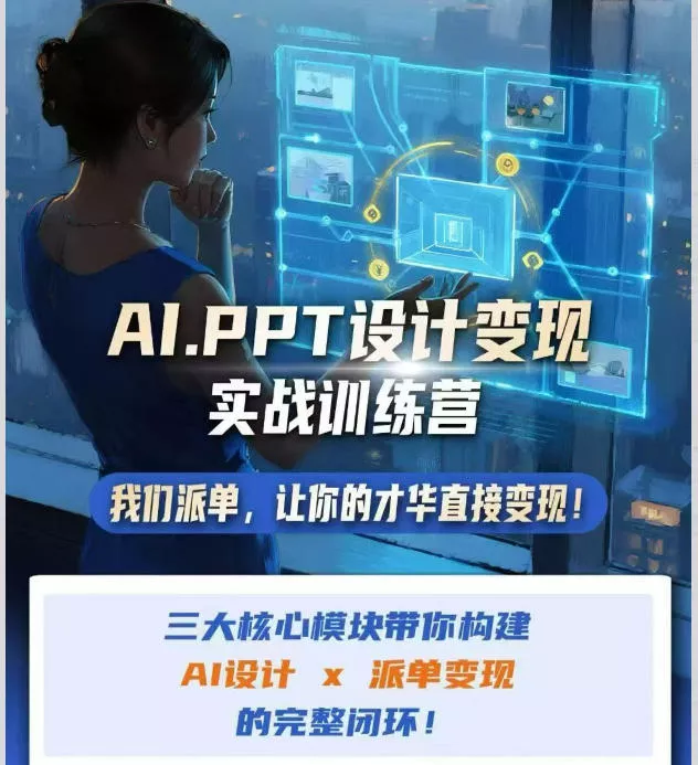 AI+PPT设计变现实战训练营,我们派单,让你的才华直接变现,三大核心模块带你构建Al设计x派单变现的完整闭环