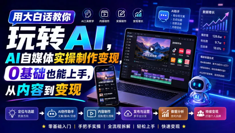 用大白话教你玩转AI，AI自媒体实操制作变现，0基础也能上手，从内容到变现-奇点库