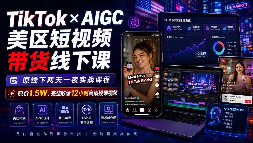 TikTok×AIGC美区短视频带货线下课，原线下两天一夜实战课程，原价1.5W，完整收录12小时高清授课视频-奇点库
