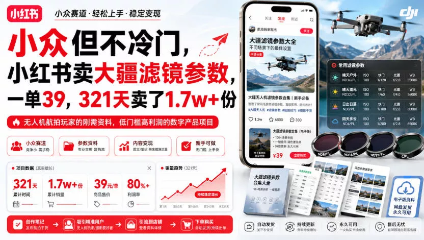 小众但不冷门，小红书卖大疆滤镜参数，一单39，321天卖了1.7w+份-奇点库
