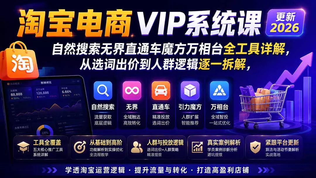图片[1]-淘宝电商VIP系统课-更新8月；自然搜索无界直通车魔方万相台全工具详解，从选词出价到人群逻辑逐一拆解-奇点库