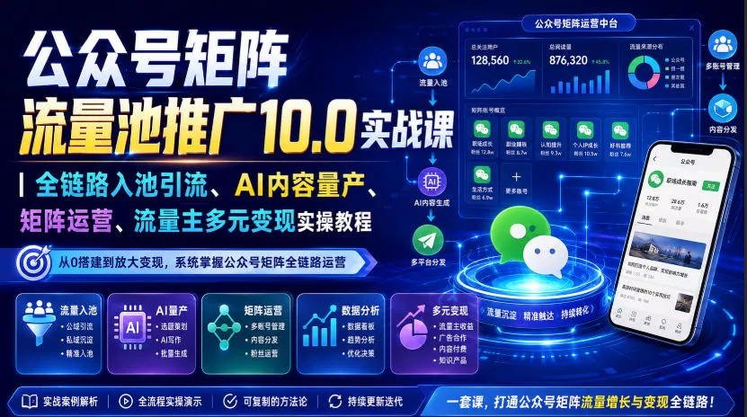 公众号矩阵流量池推广10.0实战课｜全链路入池引流、AI内容量产、矩阵运营、流量主多元变现实操教程-奇点库