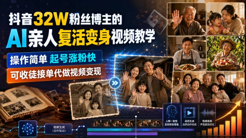 抖音32W粉丝博主的AI亲人复活变身视频教学，操作简单，起号涨粉快，可收徒接单代做视频变现-奇点库