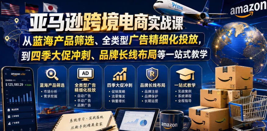 亚马逊跨境电商实战课，从蓝海产品筛选、全类型广告精细化投放，到四季大促冲刺、品牌长线布局等一站式教学(更新8月)-奇点库
