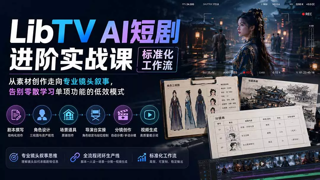 LibTV AI短剧进阶实操课标准化工作流；从素材创作走向专业镜头叙事，告别零散学习单项功能的低效模式-奇点库