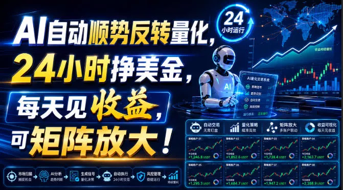 AI自动顺势反转量化，24小时挣美金，每天见收益，可矩阵放大！【揭秘】-奇点库