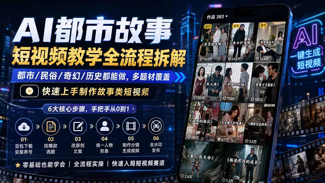 AI都市故事短视频教学全流程拆解；都市/民俗/奇幻/历史都能做多题材覆盖，快速上手制作故事类短视频-奇点库