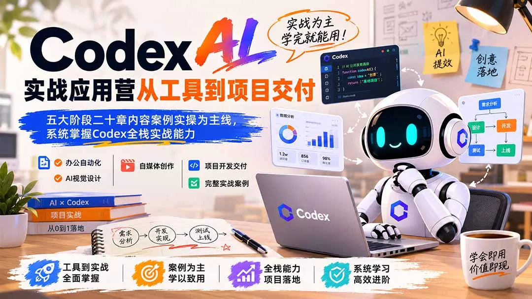 Codex AI实战应用营从工具到项目交付；五大阶段二十章内容案例实操为主线，系统掌握Codex全栈实战能力-奇点库