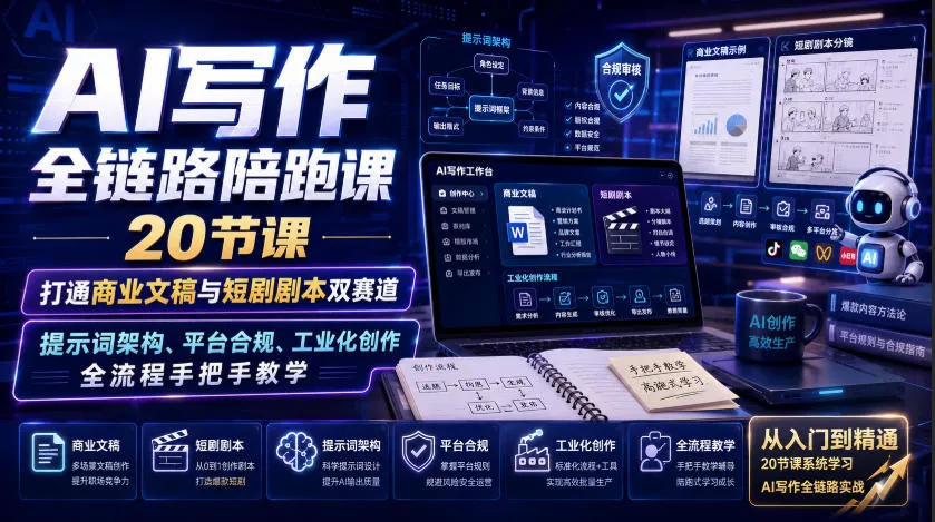 AI写作全链路陪跑课｜20节课打通商业文稿与短剧剧本双赛道，提示词架构、平台合规、工业化创作全流程手把手教学-奇点库