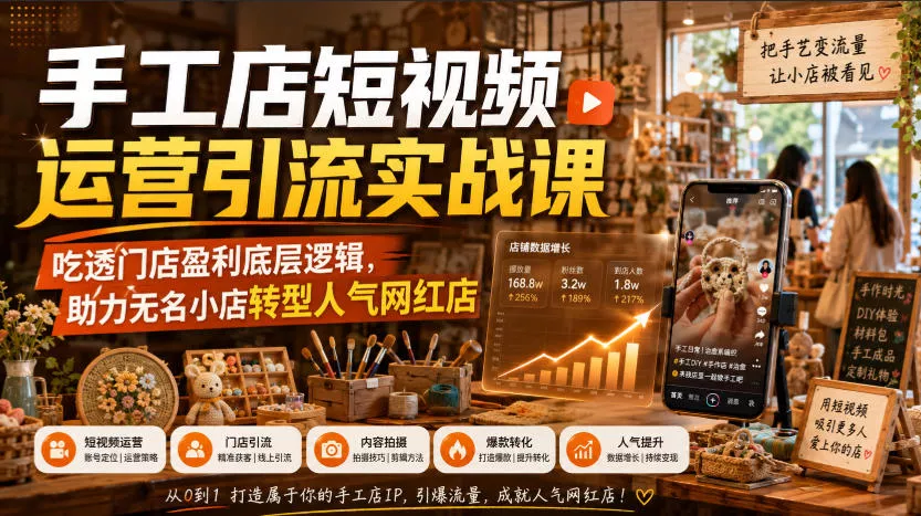 手工店短视频运营引流实战课，吃透门店盈利底层逻辑，助力无名小店转型人气网红店-奇点库