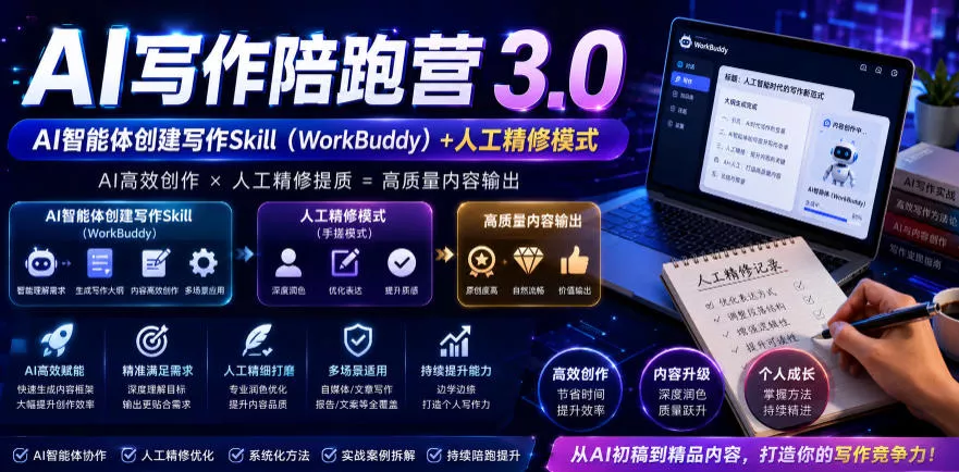 AI写作陪跑营3.0，Ai智能体创建写作skill(workbuddy)+人工手写模式(手搓模式)，去除AI痕迹(头条号、公众号、百家号)(更新0814)-奇点库