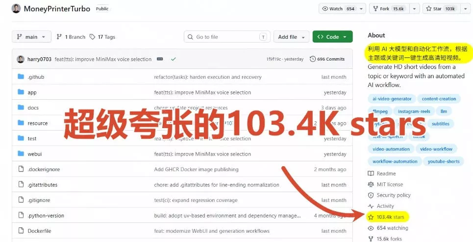 Github上103.4k stars项目!AI自动生成短视频工具,输入主题即可生成文案配音字幕MoneyPrinterTurbo