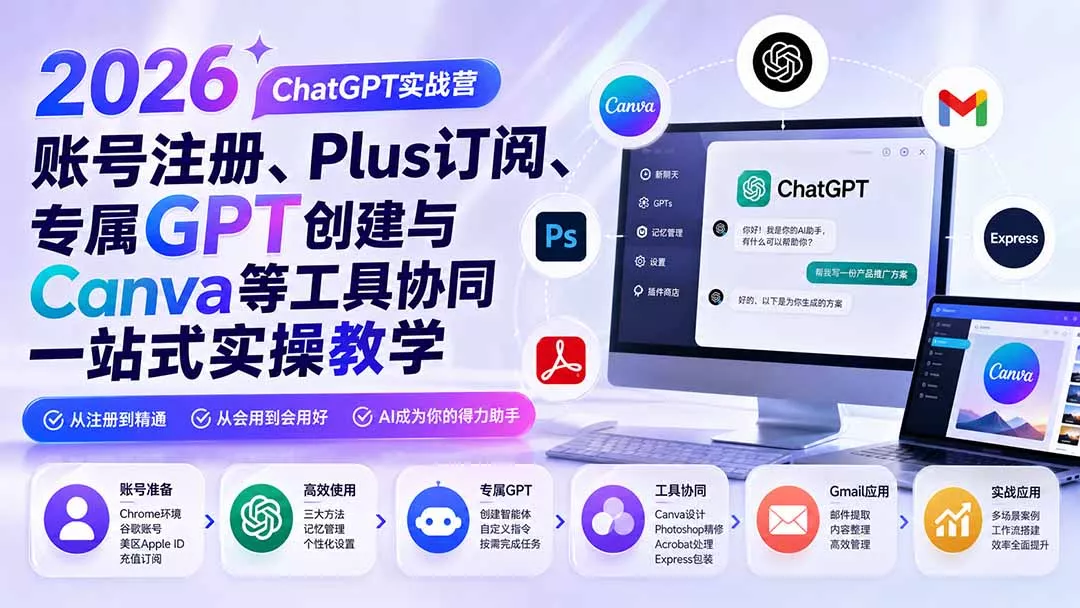 2026 ChatGPT实战营；账号注册、Plus订阅、专属GPT创建与Canva等工具协同一站式实操教学-奇点库