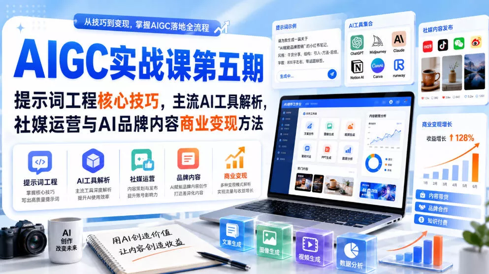 刺猬星球·AIGC实战课第五期，提示词工程核心技巧，主流AI工具解析，社媒运营与AI品牌内容商业变现方法-奇点库