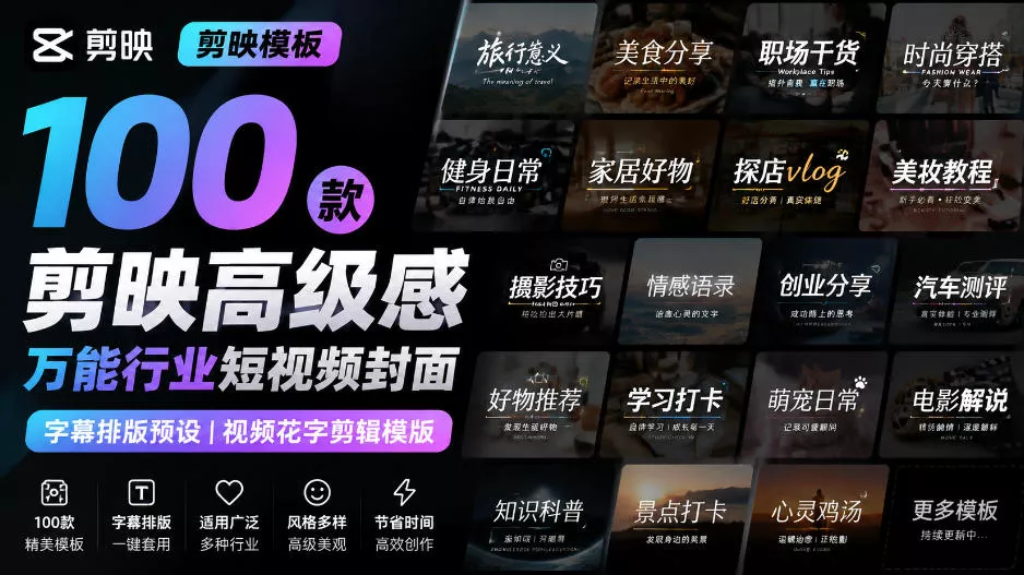 【剪映模板】100款剪映高级感万能行业短视频封面字幕排版预设视频花字剪辑模版-奇点库