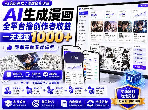 AI生成漫画全平台撸创作者收益内部课程，实操最高单日变现1k+-奇点库