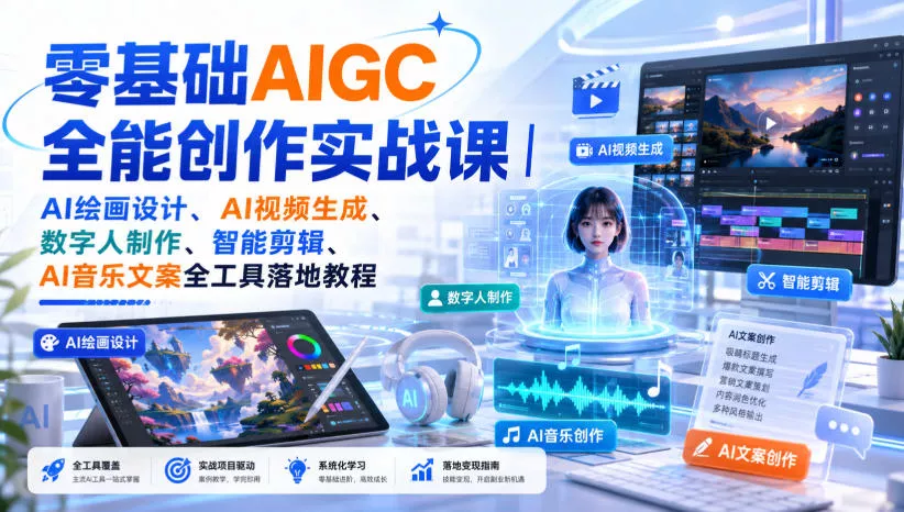 零基础AIGC全能创作实战课｜AI绘画设计、AI视频生成、数字人制作、智能剪辑、AI音乐文案全工具落地教程-奇点库