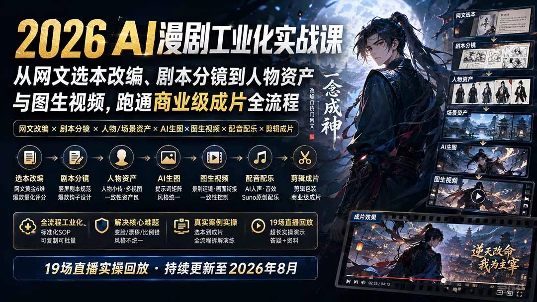 2026 AI漫剧工业化实战课-更新：从网文选本改编、剧本分镜到人物资产与图生视频，跑通商业级成片全流程-奇点库