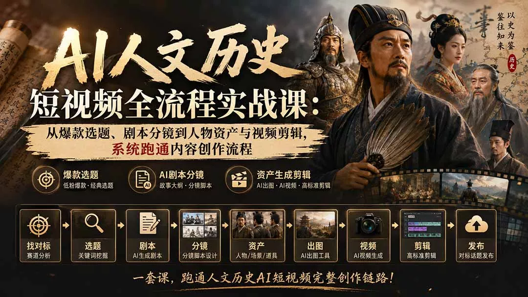 AI人文历史短视频全流程实战课：从爆款选题、剧本分镜到人物资产与视频剪辑，系统跑通内容创作流程-奇点库